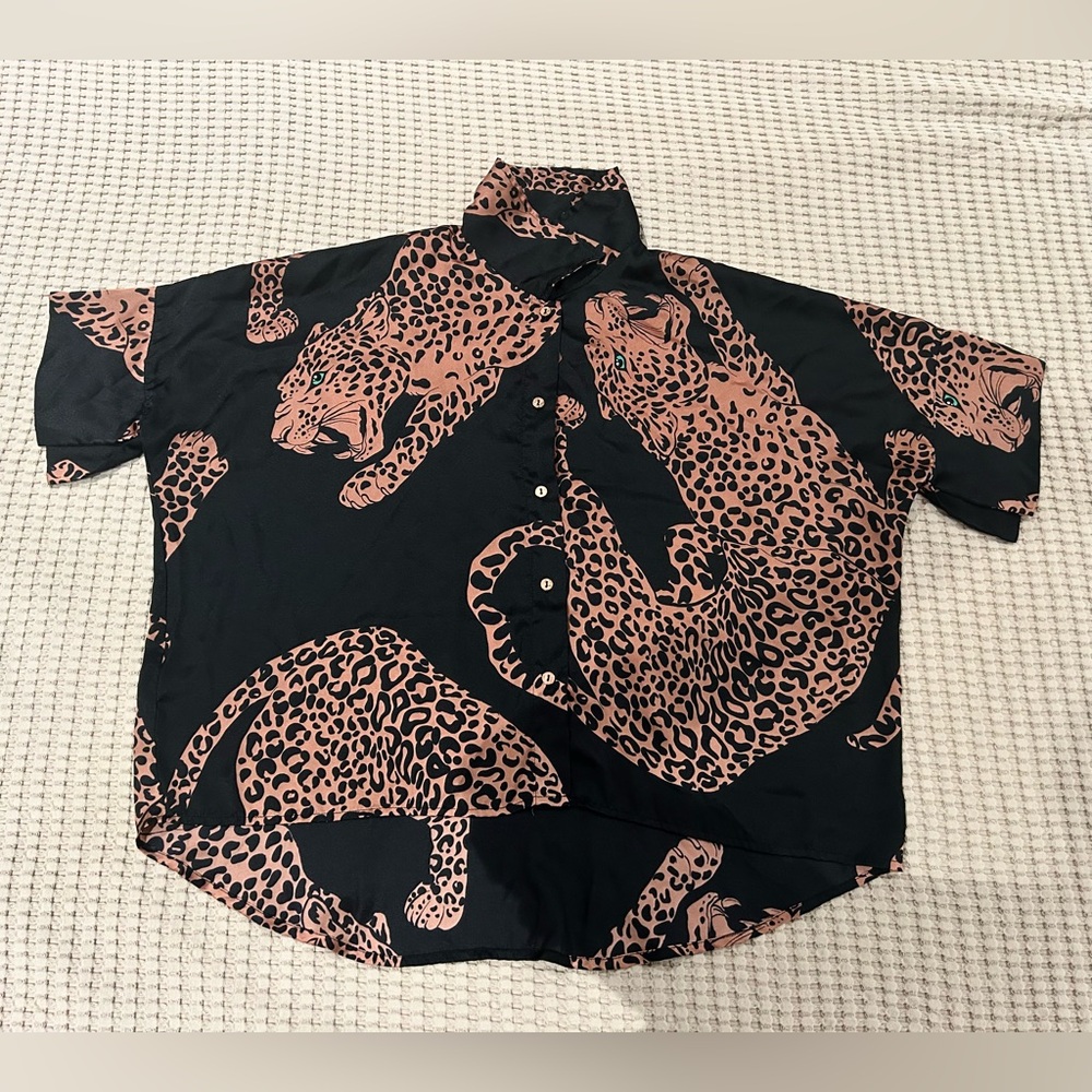 Midnight Bakery- short sleeve notch collar silky smooth leopard pajama-top only!